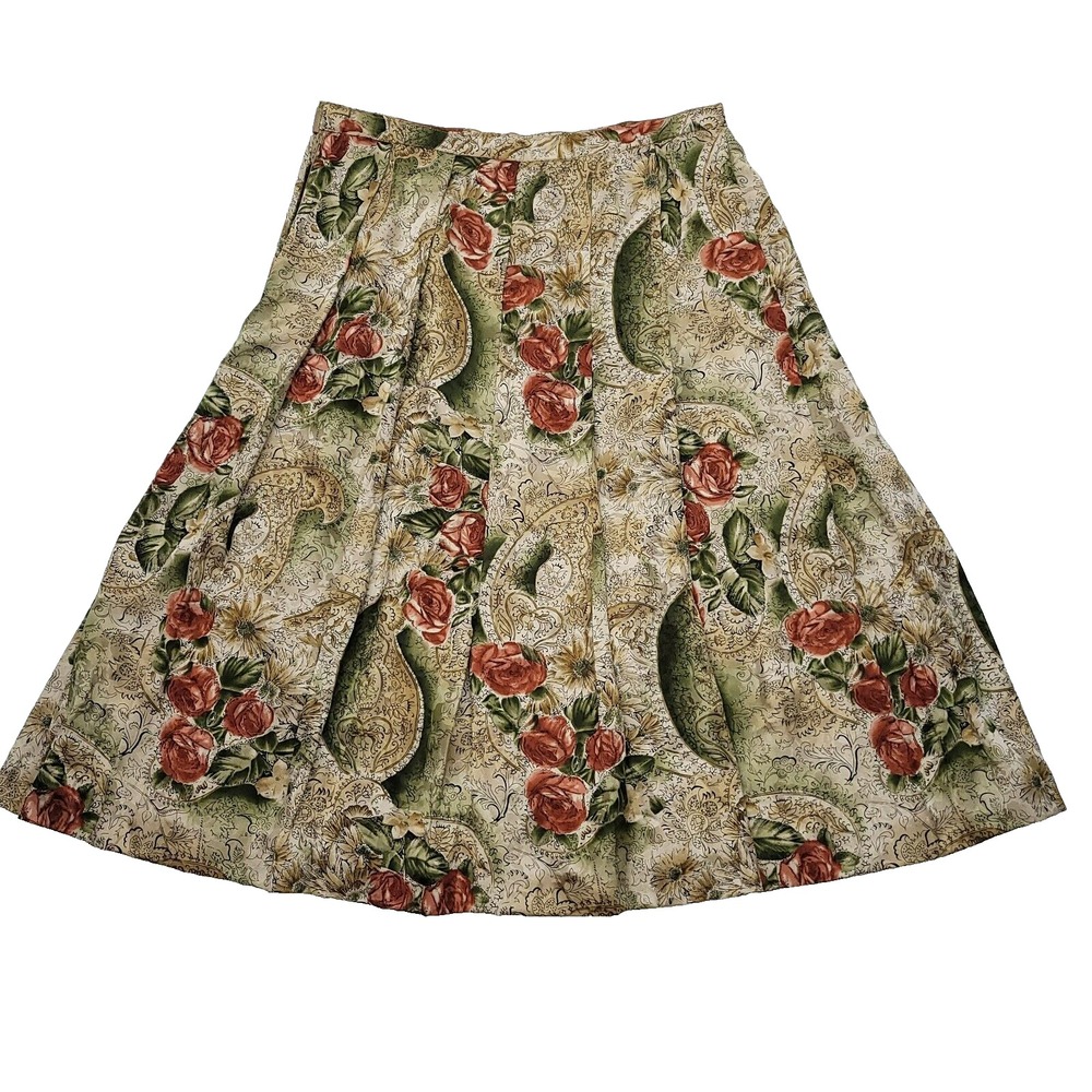 Vintage Skirt Women 30" Waist Silk Floral Pleated Midi Cottage Prairie 90's